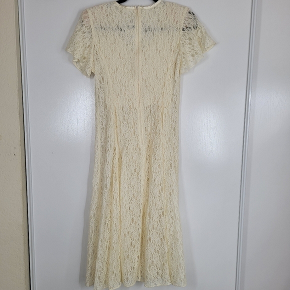 Vtg Cream Lace Midi Dress Cottagecore Boho Short Sleeve Romantic Wedding Size 10 - Picture 4 of 17